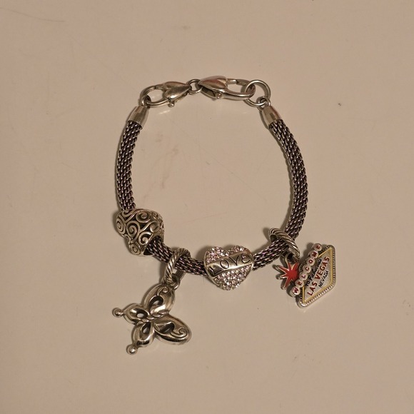 Brighton Jewelry - Brighton Beverly Glam Mesh Silver Charm Bracelet Hearts Butterfly Las Vegas 7.25